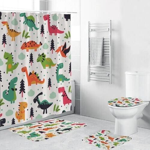 3/4 Pieces Dinosaur Shower Curtains Sets 3D Print Colorful Cartoon Rugs Lovely Animals Bathroom Mat Home Textile Cute Bath Sets