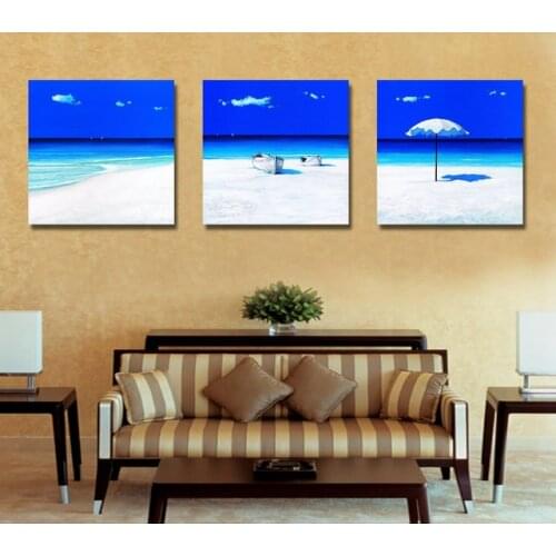3 Panel Panel Modern Printed Blue Beach Seascapes Paintings Wall Art Home Decor Sea Paintings For Living Room(No Frame) BJQ1056