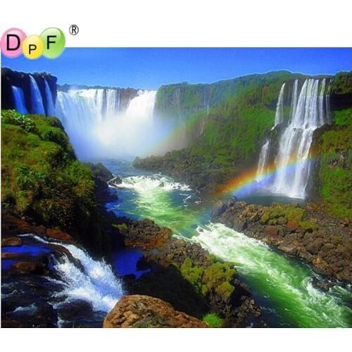 DPF 5D diamond embroidery Waterfall Rainbow diamond painting cross stitch needlework diamond mosaic square rhinestone home decor