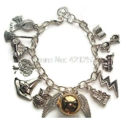 12pcs HP inspired Hogwarts Deathly Hallows charm bracelet Golden Snitch Bracelet