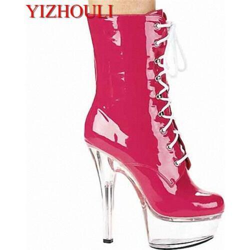 High heel model boots, banquet transparent platform boots, 15 cm thin heel, zipper open sexy ankle boots
