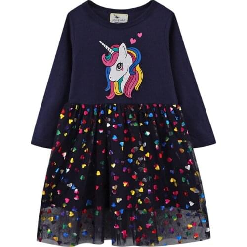 Jumping Meters Long Sleeve Unicorn Girls Dresses Hot Selling Princess Party Tutu Hearts Birthday Costume Kid Autumn Winter Dress