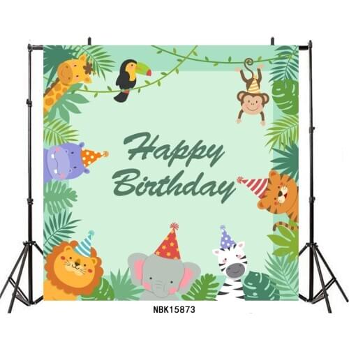 Happy Birthday Cute Animals and Green Backdrop Photography Backdrop Celebration Photo Booth Studio Decor