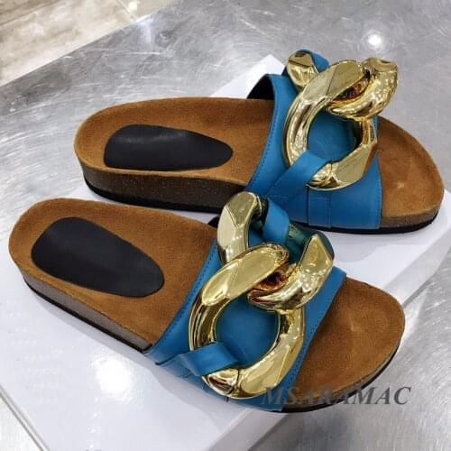 Summer neutral chain slippers leather fish mouth toe wooden beach slippers fashion mens and womens outdoor slippers