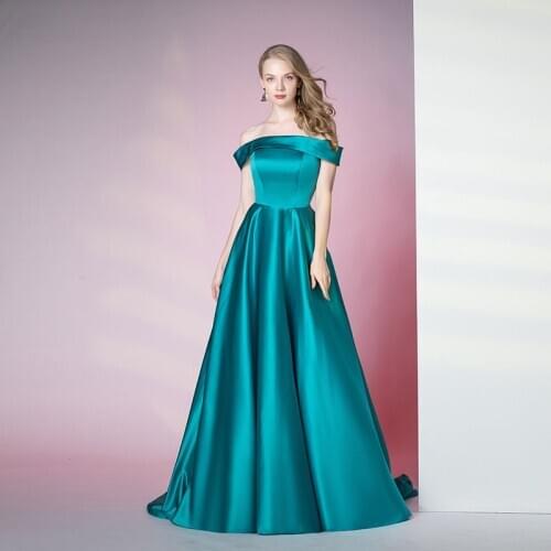 Simple Emerald Green Long Prom Dresses Off Shoulder Satin Aline Formal Evening Gown with Train
