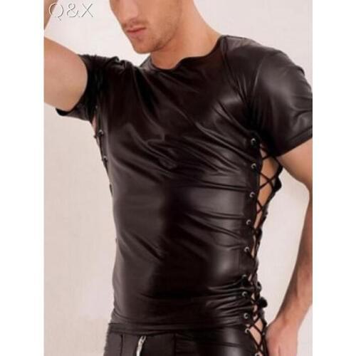S-2XL Summer Style 2018 Fashion Black Faux Leather Men Two Both Side Tie Sexy Lingerie Fitness Tops Tees Short Sleeves T Shirts