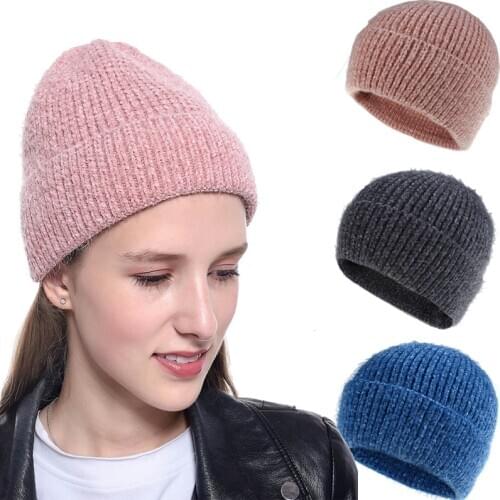 Chenille Warm Hats for Women Solid Color Winter Knitted Hat Ear Protection Windproof Knitting Turban Cap Fashion Girls Headwear