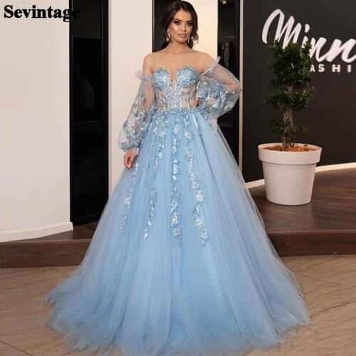 Sevintage Blue Arabic A Line Lace Prom Dress Removable Long Sleeve Evening Dresses Corset Princess Wedding Party Gowns 2021