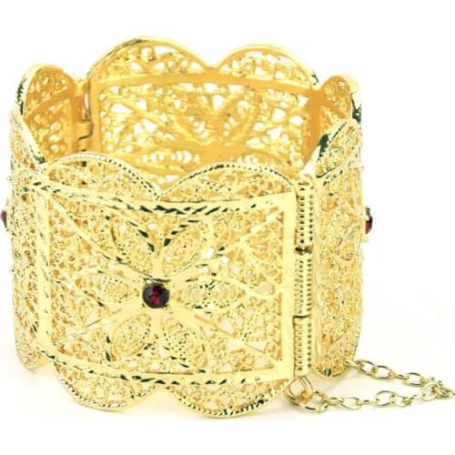 Sunspicems Gold Color African Wide Bangle Bracelet for Women Algerian Wedding Jewelry Hollow Matal Flower Morocco Bride Gift