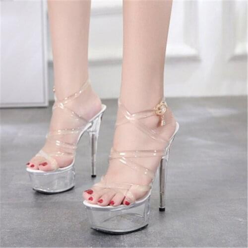 34-43 Shoes Female Model T Station Catwalk Sexy Crystal Transparent Shoes 15CM High Heels Fashion Womens Open Toe Sandals White