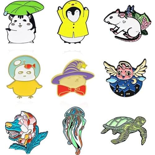 Magical animals Enamel Brooch turtle jellyfish dog mouse cat penguin chicken cattle Plant Flower Leaf Lapel Pin Cartoon Badge