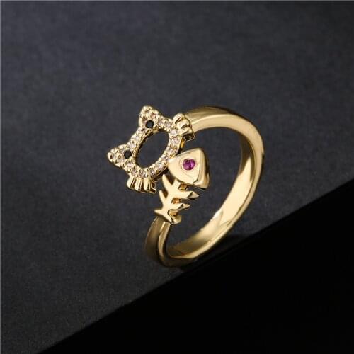 Womens Rings Gold Color Cute CZ Cat Kitty Fish Bone Cocktail Party Open Ring for Women Resizable Jewelry Gifts New 2021