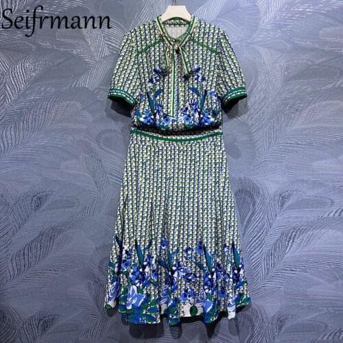 Seifrmann New 2021 Summer Women Fashion Runway Skirts Set Lantern Sleeve Print Blouses + High Waist Long Skits 2 Two Pieces Suit