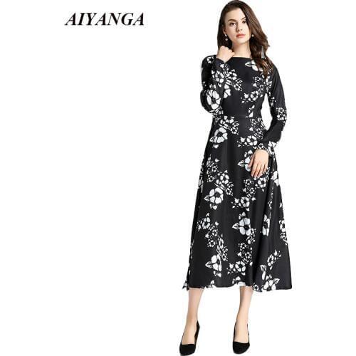 European and American Style Print Dress Women 2018 Autumn Winter Long Dress Ladies O Neck Long Sleeve Elegant A-Line Dresses