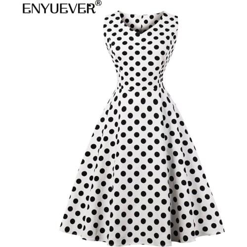 Enyuever Polka Dot Dress Women Summer Clothing Sleeveless V Neck Floral Print Robe Pin Up Swing Retro Vintage Casual Dresses