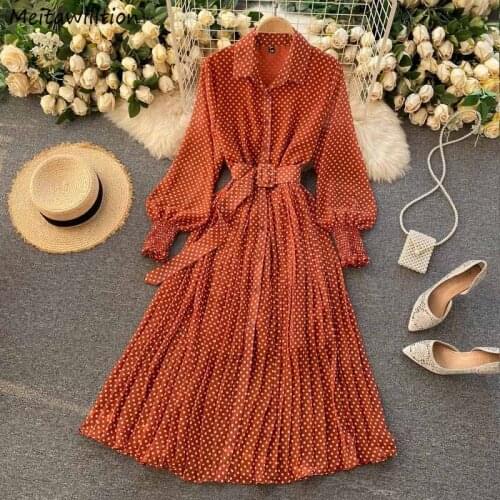 2021 Elegant Polka Dot Women Summer Dress Ladies Puff Sleeve Chiffon Maxi Dress Female Vintage A Line Pleated Dress