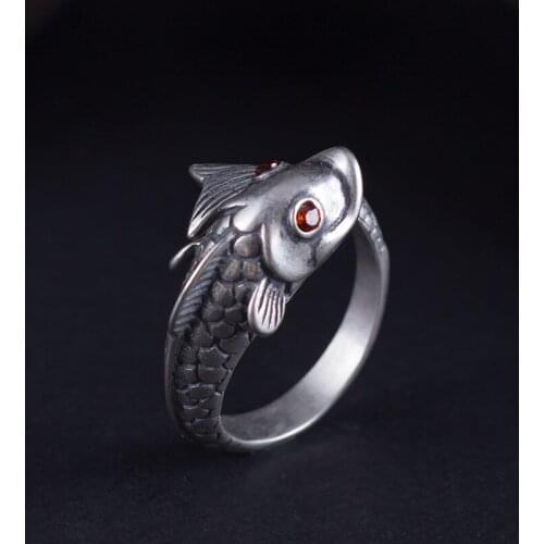 Vintage Red Zircon Carp Open Rings For Women Handmade 925 Sterling Silver High Quality Personality Jewelry