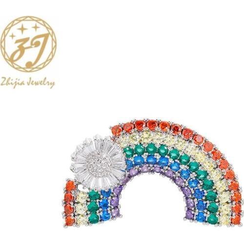 Zhijia elegant delicate colorful crystal rhinestone zircon rainbow pins brooches for women dress party jewelry accessories