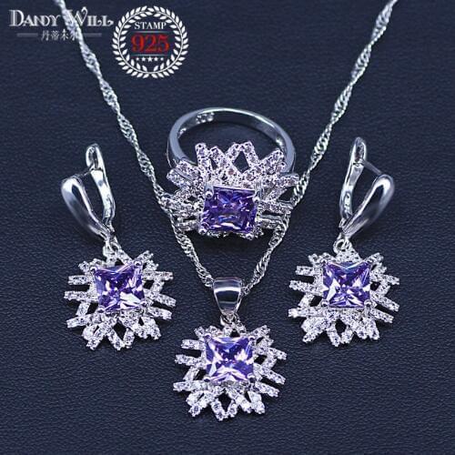 Russian style Elegant Design Big Square Austria Crystal Stone Purple 3 Piece silver color Jewelry Sets For Women Gift