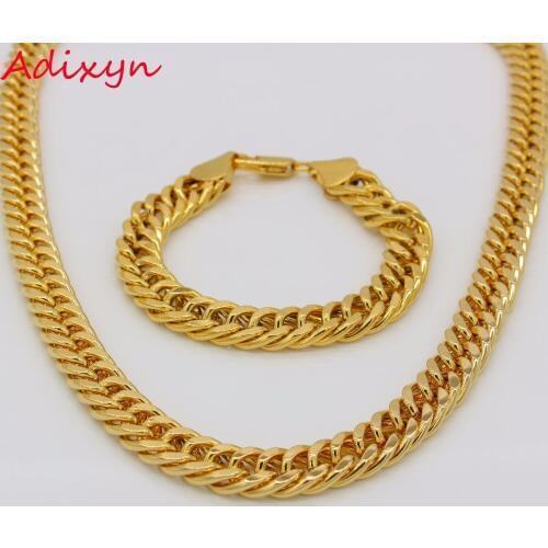 Adixyn Gold Color Heavy Metal Solid Double Curb Chain Necklace&Bracelet Sets Jewelry African/Nigeria/Ethiopian Items