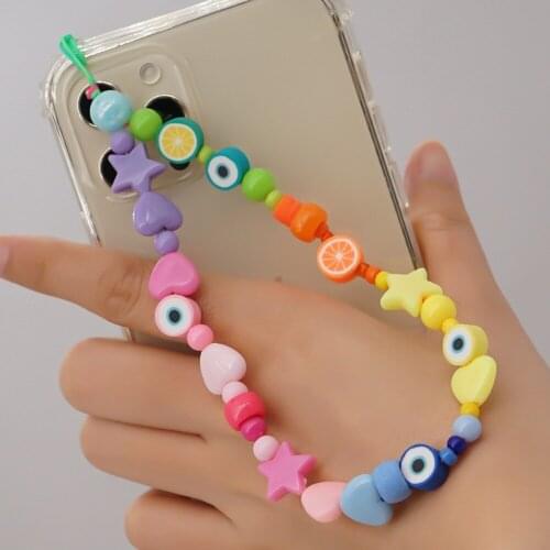 Boho Simulated Pearl Acrylic Mobile Phone Strap Lanyard Soft Pottery Cartoon Smile Star Anti-lost Phone Cord Chain цепочка