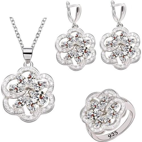 White Pink Semi-precious Silver Color Jewelry Sets for Women Wedding Gift Earrings Necklace Pendant Ring