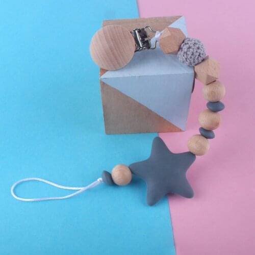 BPA Free Wooden Dummy Pacifier Clips Chain Silicone Big Star Pendant Nursing Teething Gift for Newborn Baby Boy Girl