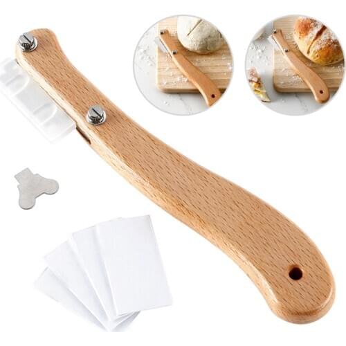 Wooden Bread Lame Kitchen Tools Stainless Steel Scraper Bread Knife/Slicer/Cutter Dough Scoring Lame with Blades and Cover