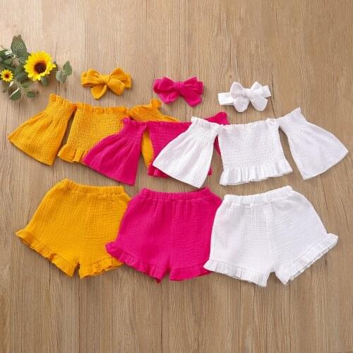 Kids Clothing Baby Toddler Girls Solid Color Bowknot Hair Band Flared Sleeve T-Shirt Shorts Sets