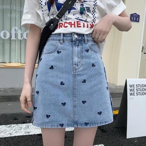 Fashion Trend High Waist All-Match Women Denim Skirt 2021 Summer New Korean Style Love Embroidery A-Line Jean Package Hip Skirt