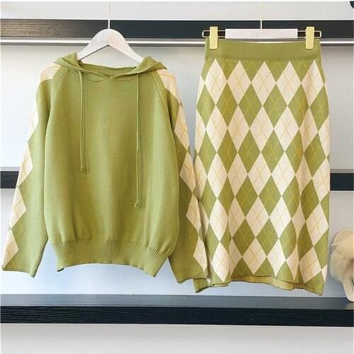 Fashion Skirt Knit Suits For Women Ladies Long Sleeve Hoodies Sweatershirt And Plaid Skirt Set 2 Pieces