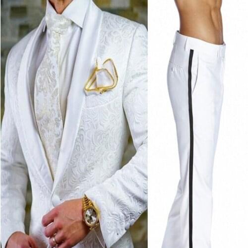 Men Suits White Pattern and Black Groom Tuxedos Shawl Lapel Groomsmen Wedding Best Man 2 Pieces ( Jacket+Pants+Tie ) D81