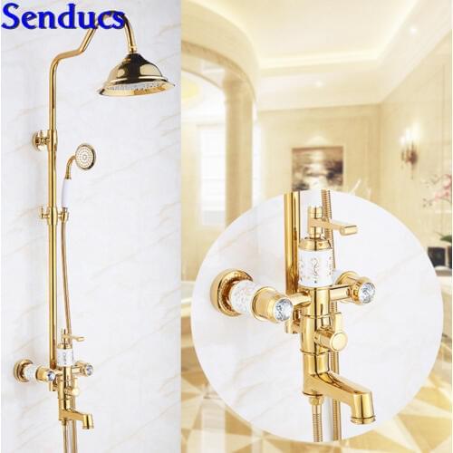 Senducs Gold Shower Set with High Quality Brass Bathroom Shower System Luxury Jade Stone Bathroom Shower Set Mixer Tap