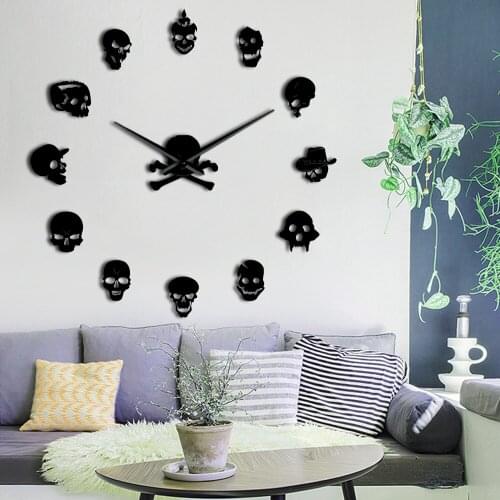 Retro Different Skull Heads 3D DIY Mute Wall Clock Halloween Party Home Decoration Skeleton Acrylic Mirrors Surface Clock Watch
