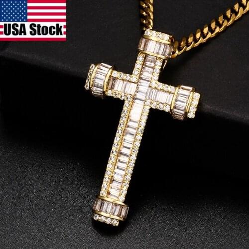 New Fashion Cross Pendant Necklace Women Crystal Baguette Iced Out Bling Men"s Hip Hop Jewelry Rock Party Christmas Gift