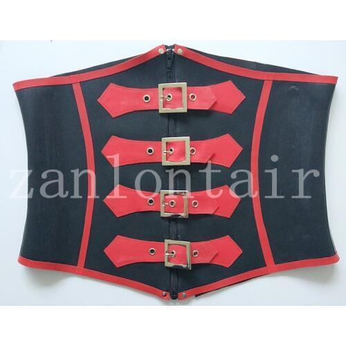 New design sexy lingerie women female handmade latex black with red trim corset tops costume front zipper buckles back lacing