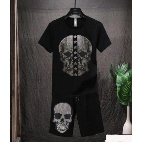 New Rhinestones top quality set Mens Fashion Clothing Streetwear Short Sleeve O Neck 100% Cotton tracksuit