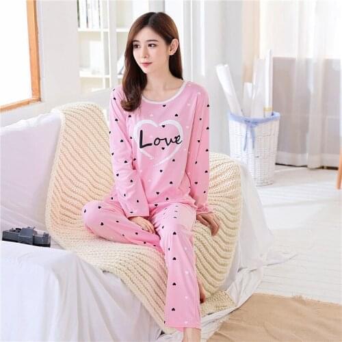 Two-piece long-sleeved pajamas suit Korean ladies' home service crew neck cartoon pajamas soft and comfortable long pajamas