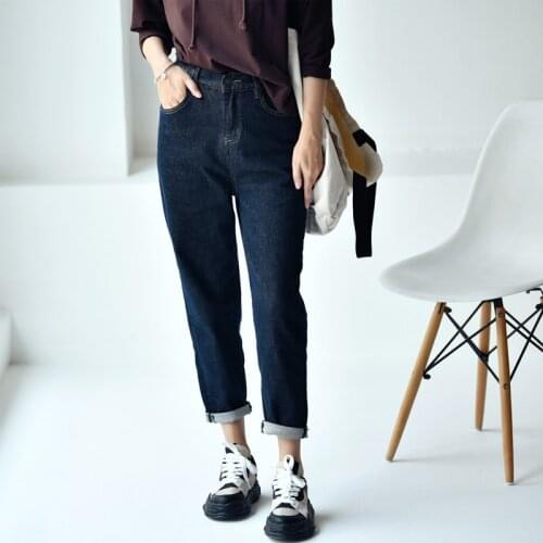 MICOCO N7003C Korean casual and simple retro line dark blue High elastic waist Ankle-Length Pants jeans