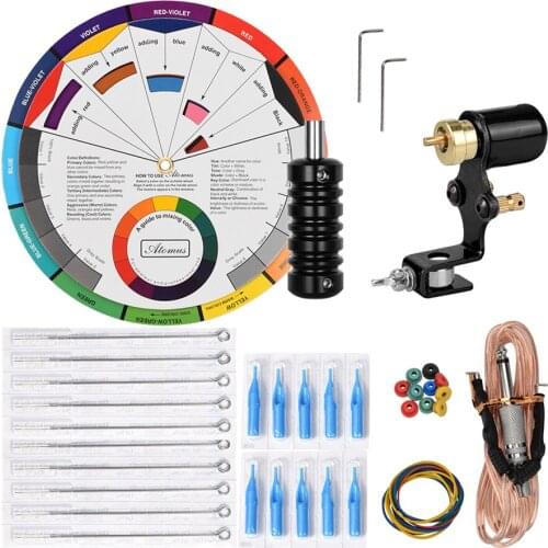 Professional Complete Tattoo Kit Rotary Tattoo Machine Grip Tube Clip Cord Needles Supplies - Select Colors
