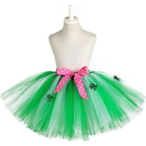 Green White Hawaii Fluffy Girls Tutu Skirt Ballerina Prom Toddler Skirt for Kids Girl Clover Pattern Knee Length Christmas Skirt
