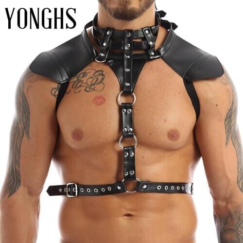 Harness Mens Erotic Lingerie for Sex Leather Halter Neck Buckles Body Chest Harness Belt with Metal O-rings Fancy Costume Straps