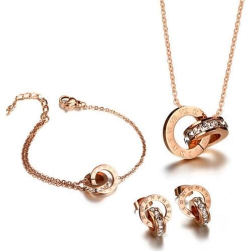 Luxury Titanium Steel Rose Gold Roman Numerals Pendant Necklace Earring 316L Stainless Steel Woman Jewelry Set Valentines Gift