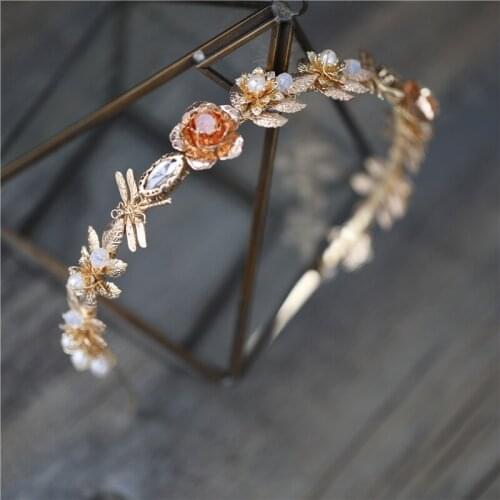 Handmade Vintage Bridal Leaf Tiara Small Hair Crown Gold Floral Pearls Wedding Jewerly Crystal Women Hairband