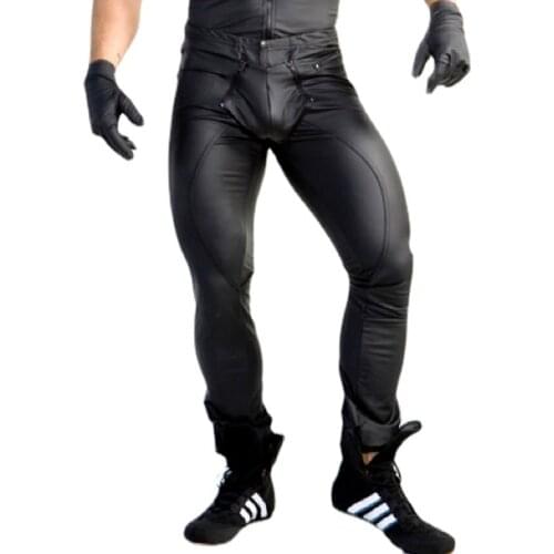 Sexy Men Faux Leather Zipper Open Crotch Erotic Latex Pants PU Night Club Men Straps Trousers Gothic Punk Fetish Club Wear