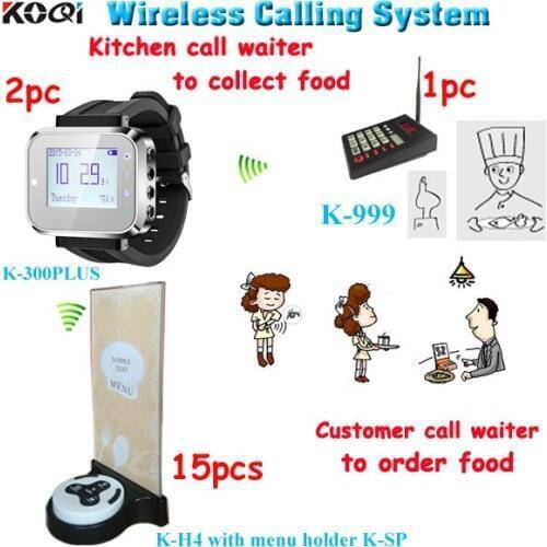 System kitchen wrist watches ; Customers call waiter to order; Cooker call waiter to pick up order; Table button menu holder