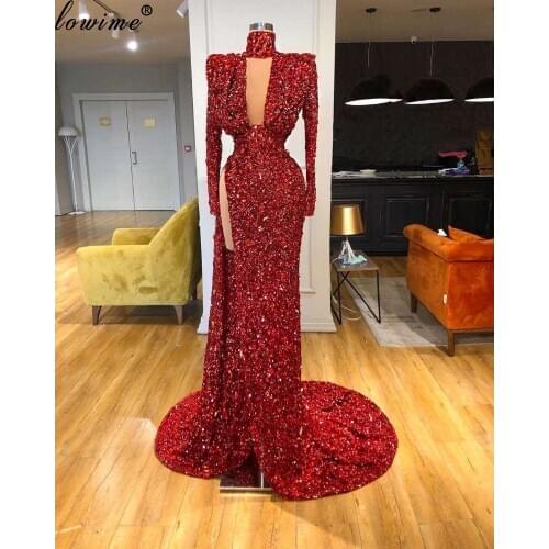 Sparkly Crystals Celebrity Dresses 2020 High Neck Elegant Red Carpet Dresses With Long Sleeves Formal Evening Gowns Muslim Robes