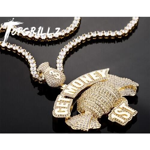 TOPGRILLZ Candy Pendant Necklace Money Bag Hook "GET MONEY" With Gold Tennis Chain Hip Hop Punk Charm Jewelry For Men Women