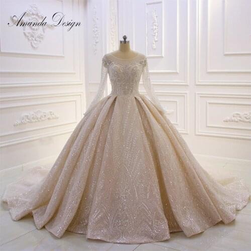 Amanda Design High Quality Custom Made Long Sleeve Shiny Ball Gown Wedding Dress