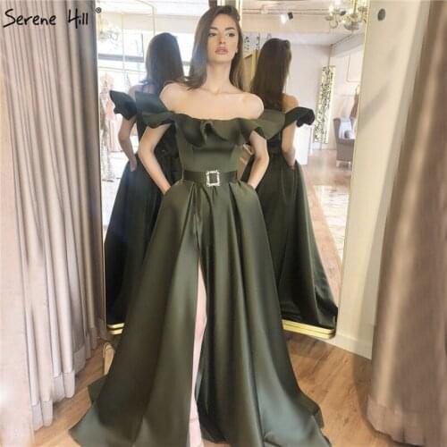 Green Off Shoulder Mikado Prom Dresses 2021 Sashes Sleeveless A-Line Sexy Prom Gowns Serene Hill LA70245